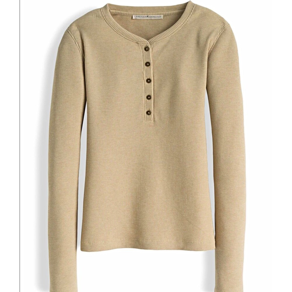 Peruvian Connection Women's Waffle Knit Henley Top Long Sleeve Beige Size Small